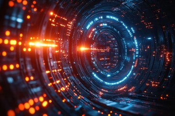 cybernetic shield interface with holographic quantum encryption pulsing with neon blue circuits and floating binary streams against dark digital void