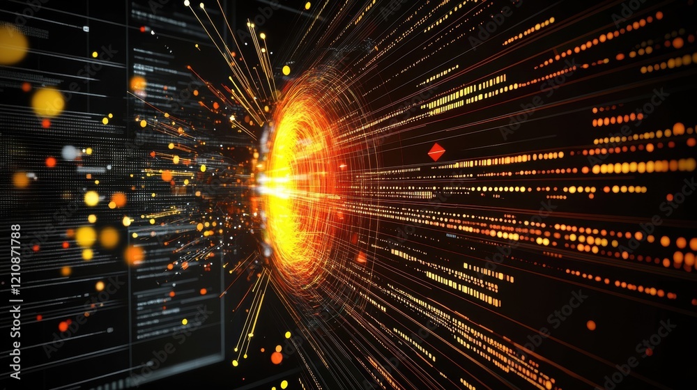 Poster orange and yellow data stream flowing through cyberspace with lines of code on digital monitors, rep