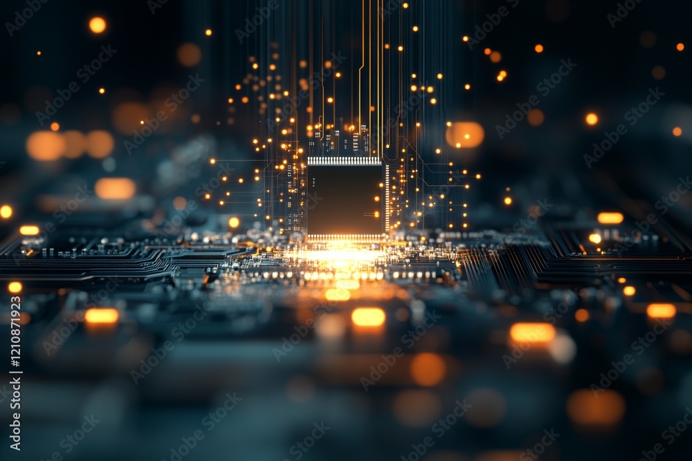 Poster digital circuit board with glowing microchip and data streams creating a futuristic technology visua