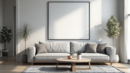 Elegant light gray couch rests on horizontal, light brown wooden planks, accompanied by an elegant wooden table in front, inviting comfort and style