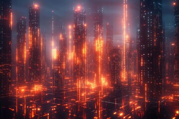 cyberpunk cityscape with neon data streams flowing through digital neural networks glowing circuit patterns against dark background
