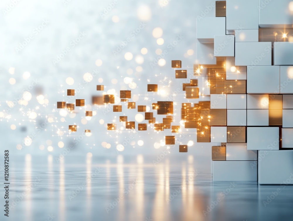 Poster abstract depiction of dynamic light effects emerging from geometric blocks with a soft background