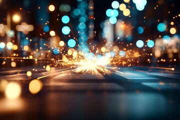 Colorful sparks illuminate a city street at night showcasing vibrant energy and movement