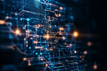 Obraz premium Network connections illuminated by glowing nodes in a digital circuit design
