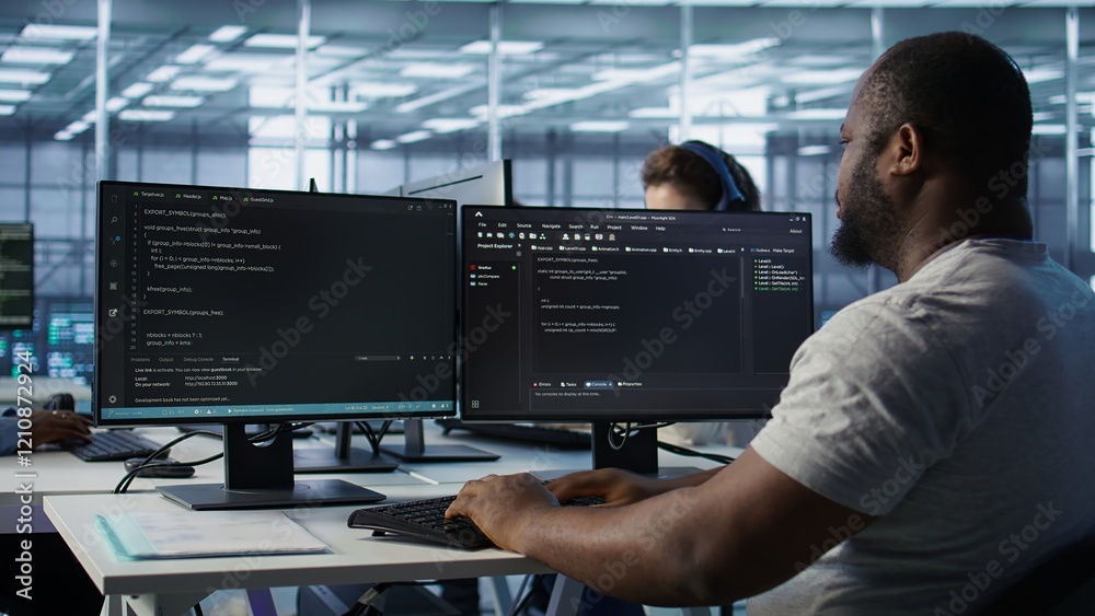 Poster admin in server hub tasked with protecting valuable data against hacking attack on computers. africa