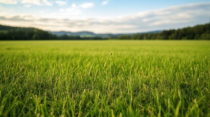 Fototapeta premium Lush green field with distant hills under a blue sky.
