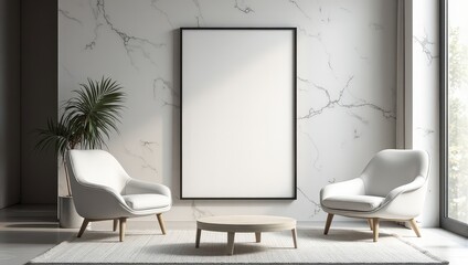 A serene scene featuring a white marble backdrop adorned with a striking black frame, flanked by elegant white armchairs with plush cushions. A circular wooden table graces the space, inviting tranqui