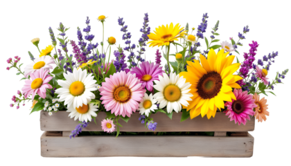 Vibrant Flower Arrangement in Wooden Crate
