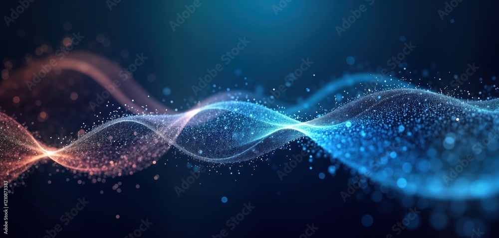 Poster abstract digital wave pattern with colorful particles, bokeh effect. glowing lines, dots create dyna