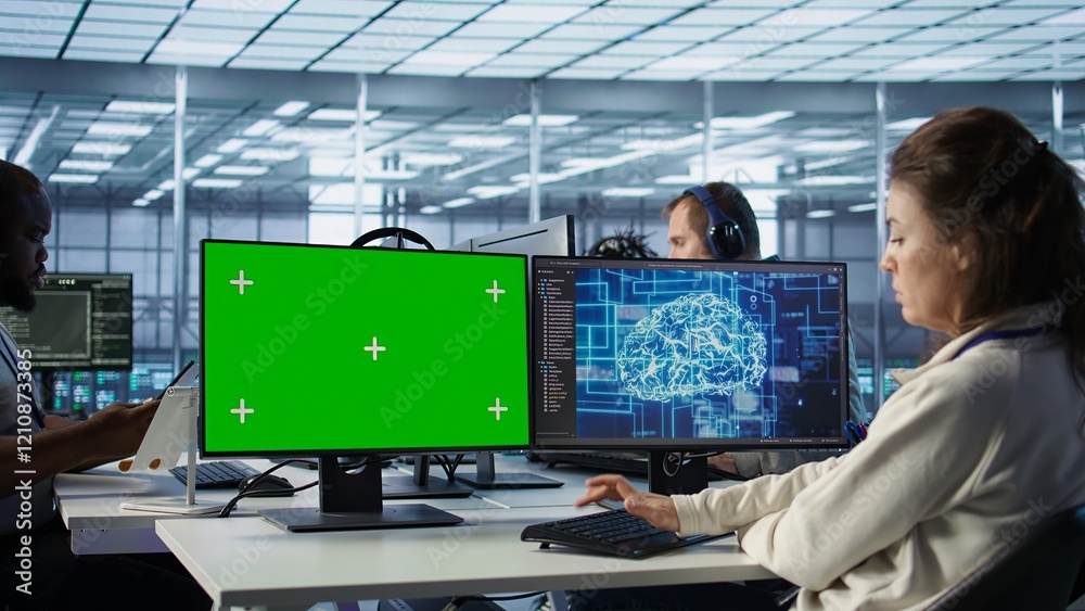 Poster it support workers in ai data center coding on green screen computers, upgrading equipment. multieth