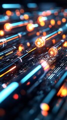 Obraz premium Dynamic abstract design with glowing orbs and lines representing technology and innovation in a futuristic setting