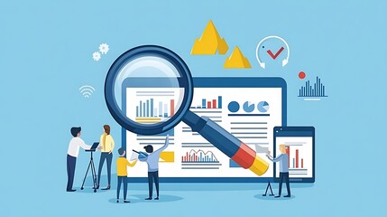 Team Analyzing Data Through Magnifying Glass On Laptop Screen