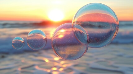 Sunset beach bubbles reflecting sky, ocean waves