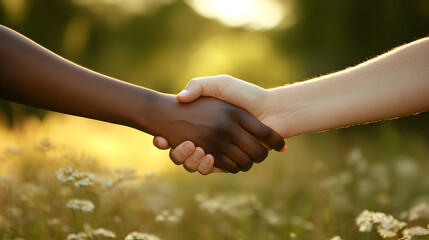 Diverse Hands Clasped Together Unity Teamwork Support Collaboration Friendship Agreement Golden Hour Nature Background Peaceful Scene Hopeful Future Strong Bond