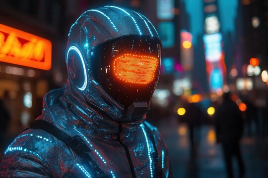 cyberpunk street performer with ledembedded costume holographic stage effects neon cityscape background - Powered by Adobe