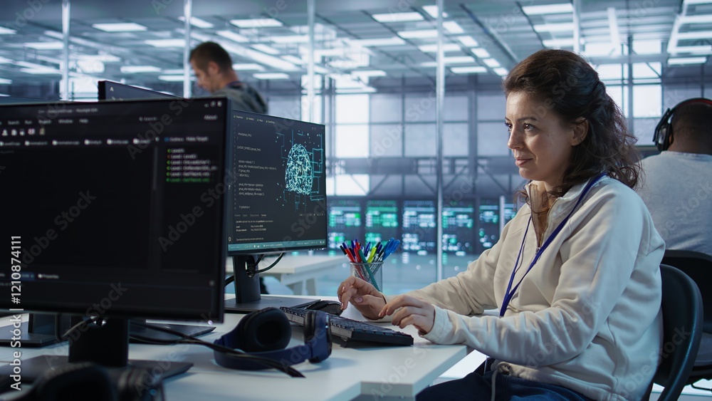 Poster joyful technician working in high tech workspace providing computing resources for different workloa