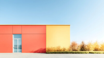 Obraz premium Colorful building exterior with glass door and landscaping.