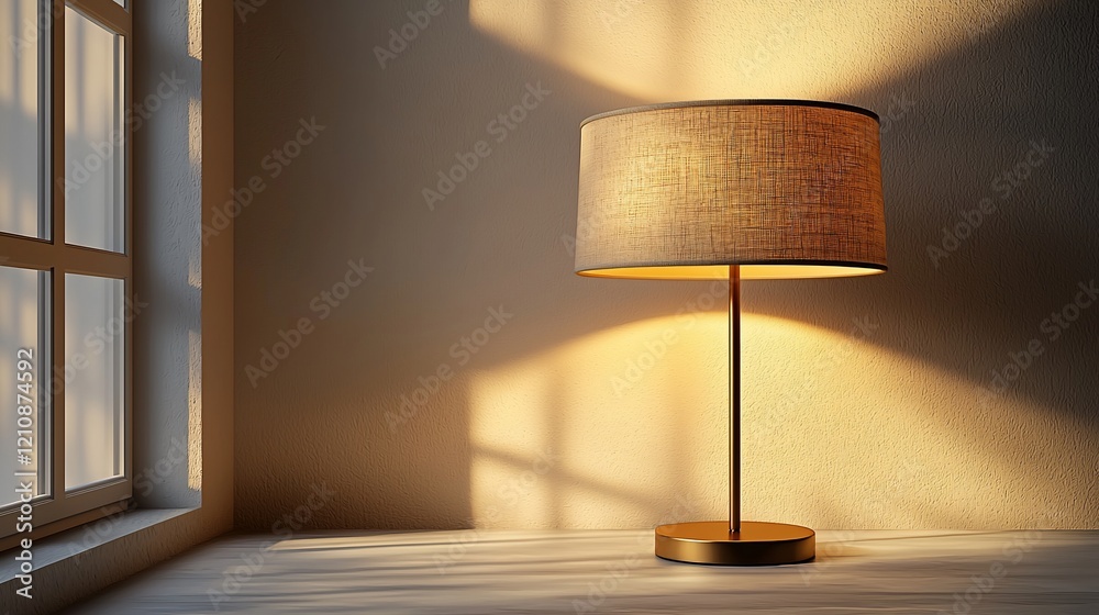 Poster illuminated table lamp casting warm light near window.