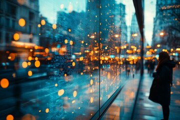 Fototapeta premium Reflections of city lights during twilight as a figure stands by a window displaying vibrant digital patterns