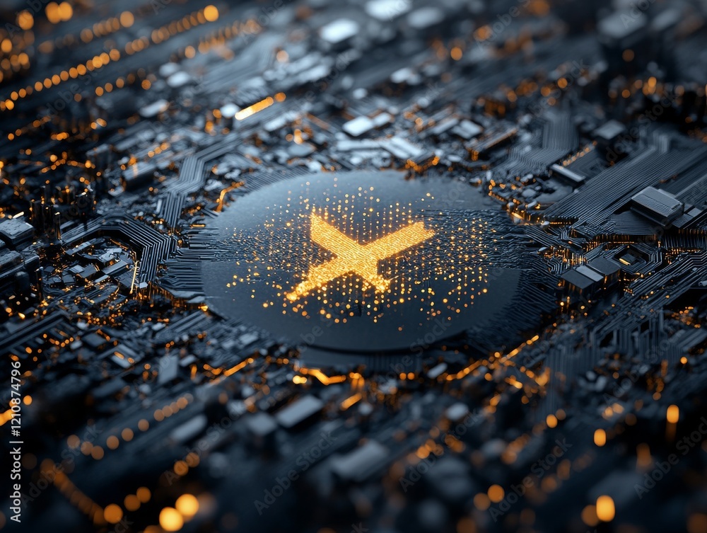 Poster digital circuit board with illuminated patterns and markings in a high-tech environment