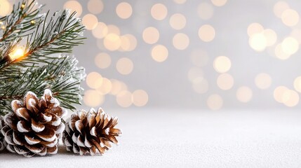 Snowy pine cones and branches with lights; winter holiday background