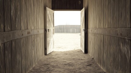 Open wooden doors leading to a bright, sandy courtyard.