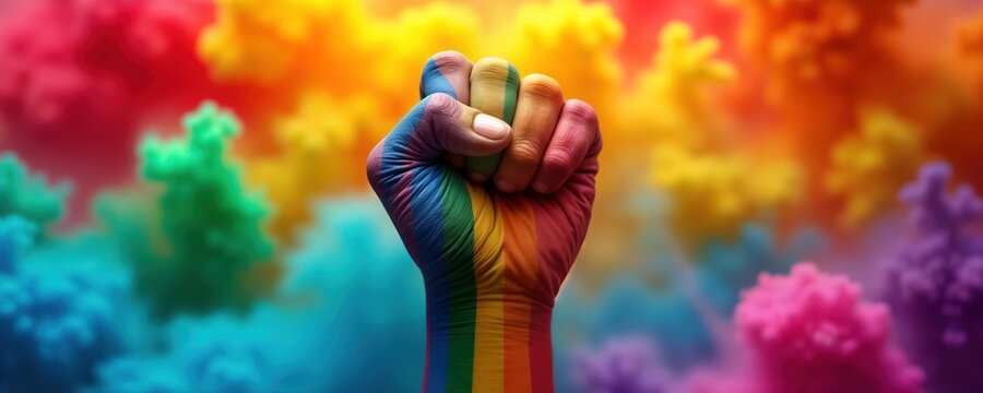 Rainbow fist painted with pride flag colors. Powerful symbol of LGBT rights activism. Colorful smoke background enhances vibrant imagery. Image portrays unity, pride. Visual represents strength, - Powered by Adobe
