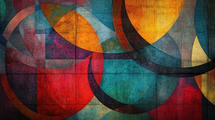 Abstract colorful geometric artwork featuring overlapping circles and textures.