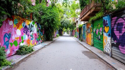 Naklejka premium Colorful Graffiti Alleyway, Urban Street Art, Cityscape, Background Lush Greenery, Stock Photo