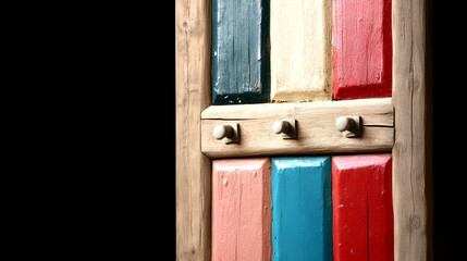 Colorful wooden panel with rustic metal hooks.