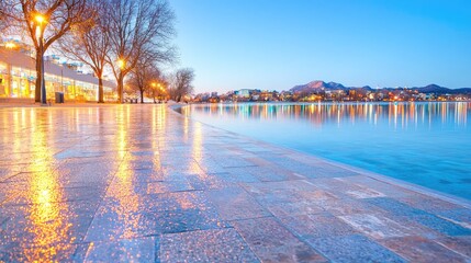 City waterfront at dawn, reflecting lights, calm water,  background hills, tourism