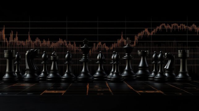 Chess pieces set against a dynamic stock graph background each move a parallel to the unpredictable market trends