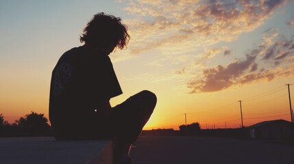 Silhouette of a person sitting on a curb, watching sunset.