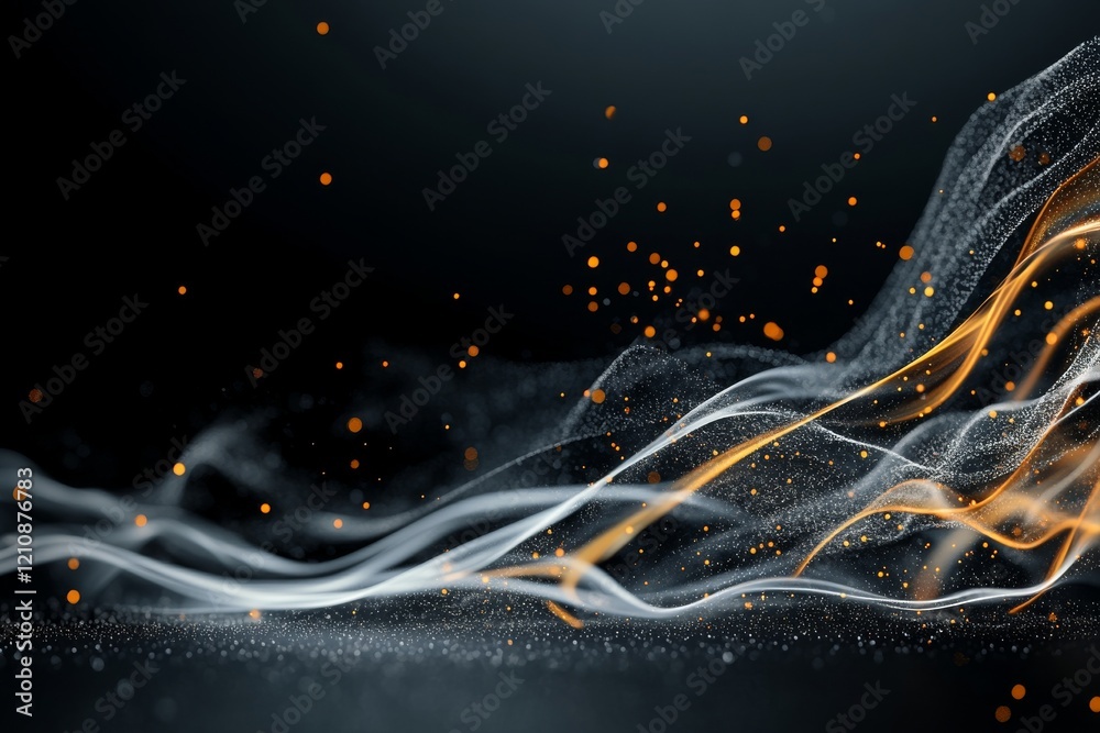 Poster swirling patterns of light and particles create an abstract visual effect against a dark background