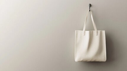 Beige tote bag hangs on wall hook, minimalist background, mockup