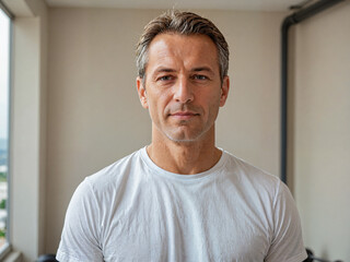 Obraz premium Retrato de un hombre blanco en el interior de una habitación vistiendo una camiseta blanca casual 