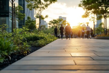 Fototapeta premium Urban promenade filled with people enjoying a sunset in a bustling cityscape during a warm evening