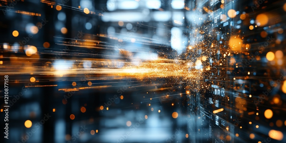 Poster dynamic burst of light and data showcasing technology in motion at a digital server environment