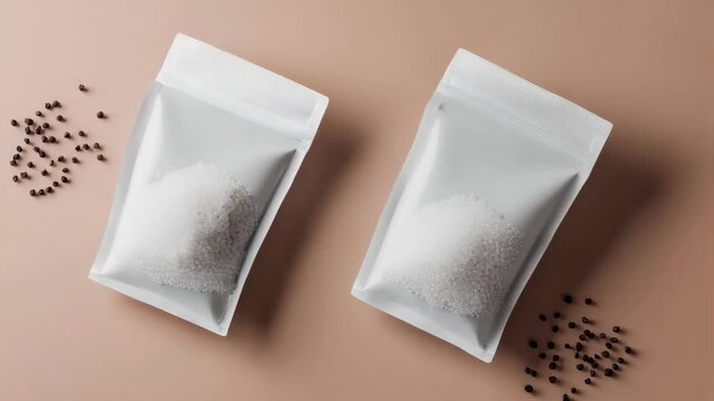 Rotating view of zipper bags with spices on neutral background