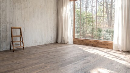 Obraz premium Sunlit empty room, wooden floor, large window, nature view, interior design