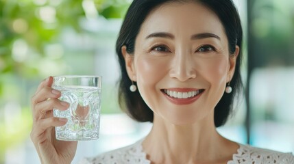 Crop closeup portrait of smiling happy middle age Asian woman with glass of water and vitamins collagen calcium pill taking care of face body and hair health and wellness everyday.