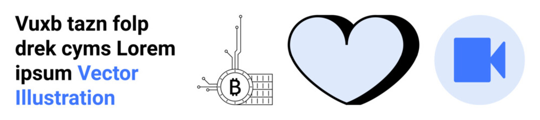 Cryptocurrency symbol on a circuit, heart icon, and blue video camera symbol. Ideal for finance, technology, healthcare, communication, digital media, blockchain, and marketing themes. Landing page