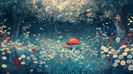 A crimson fungi amidst a dense woodland of azure and gold blossoms, atop verdant grassy plains. Crimson Plains. Illustration