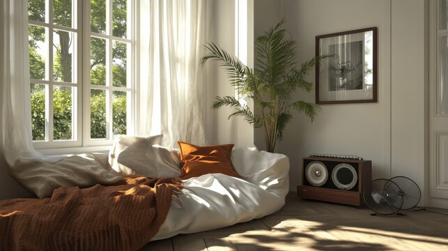 Design sofa, tropical plant, pillows, blanket, gramophone, and mock up picture frames are all featured in this stylish Scandinavian white room. Modern living area with white walls and brown oak parqu