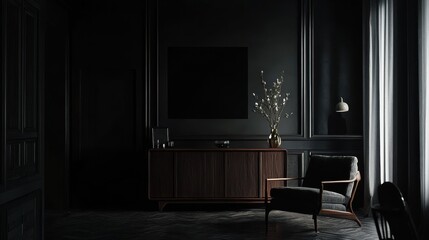 Modern luxury living room interior background, living room interior mockup, interior with black walls, dark interior of living room with black wall, chair, and wooden console,. Generative AI