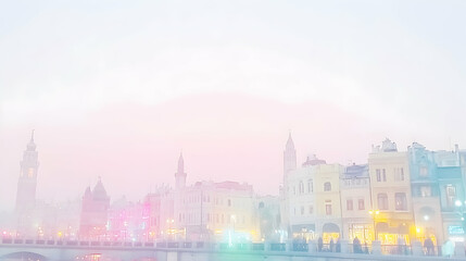 Obraz premium Dreamy pastel cityscape at twilight, soft focus, blurred buildings and lights.