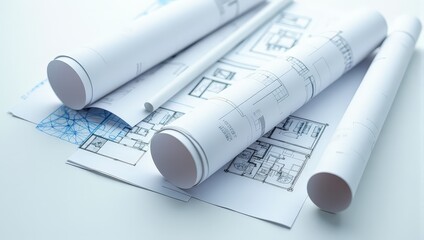 Meticulously arranged on a pristine white table, an intimate close-up reveals two elegant rolls of architectural drawings in creamy whites, artfully balanced to create a serene symmetry