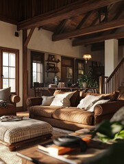 Obraz premium cozy interior of a farmhouse living room. Generative AI