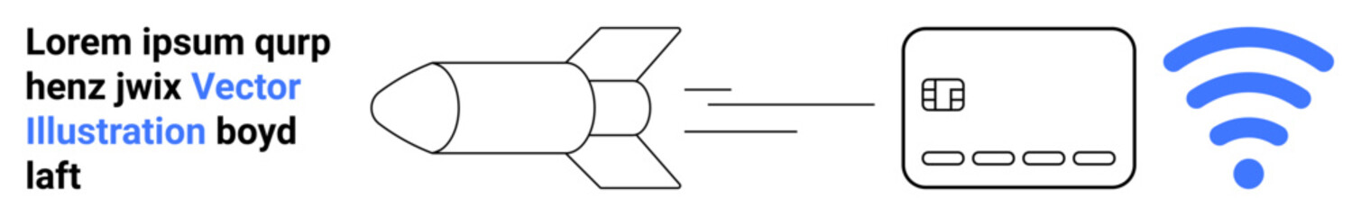 Rocket approaching microchip emitting wireless signal. Ideal for technology, innovation, data transfer, connectivity, digital communication, futuristic concepts, and cyber themes. Landing page