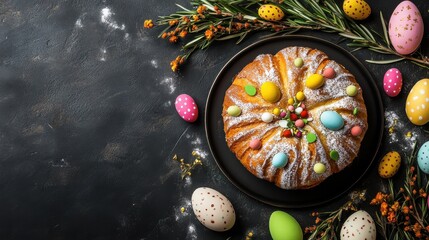 easter cake holiday fresh pastry sweet dessert bun healthy meal top view copy space for text food background rustic image